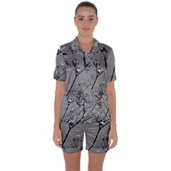 Grey Colors Flowers And Branches Illustration Print Satin Short Sleeve Pajamas Set by dflcprintsclothing