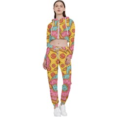 Fast Food Pizza And Donut Pattern Cropped Zip Up Lounge Set by DinzDas