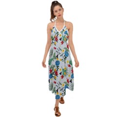 Blue Floral Stripes Halter Tie Back Dress  by designsbymallika