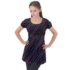 Dark Multicolored Striped Print Design Dark Multicolored Striped Print Design Puff Sleeve Tunic Top by dflcprintsclothing