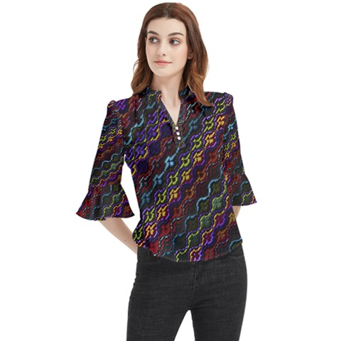 Dark Multicolored Mosaic Pattern Loose Horn Sleeve Chiffon Blouse by dflcprintsclothing