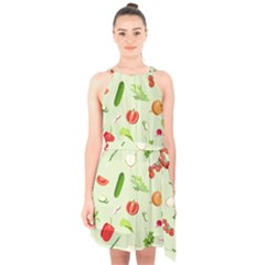 Seamless Pattern With Vegetables  Delicious Vegetables Halter Collar Waist Tie Chiffon Dress by SychEva