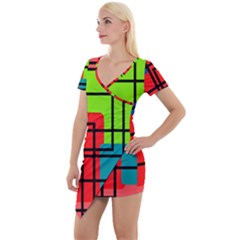 Colorful Rectangle Boxes Short Sleeve Asymmetric Mini Dress by Magicworlddreamarts1