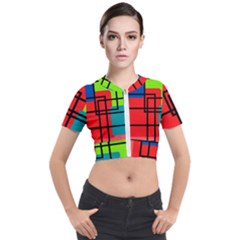 Colorful Rectangle Boxes Short Sleeve Cropped Jacket by Magicworlddreamarts1