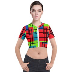 Colorful Rectangle Boxes Short Sleeve Cropped Jacket by Magicworlddreamarts1