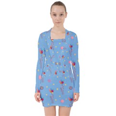 Baby Elephant Flying On Balloons V-neck Bodycon Long Sleeve Dress by SychEva