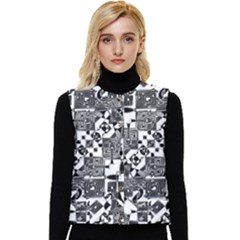 Black And White Geometric Print Women s Short Button Up Puffer Vest by dflcprintsclothing