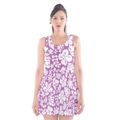 White Hawaiian Flowers On Purple Scoop Neck Skater Dress by AnkouArts