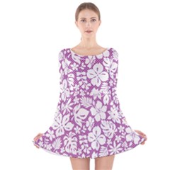 White Hawaiian Flowers On Purple Long Sleeve Velvet Skater Dress by AnkouArts