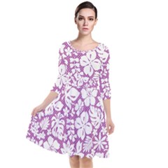 White Hawaiian Flowers On Purple Quarter Sleeve Waist Band Dress by AnkouArts