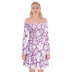 White Hawaiian Flowers On Purple Off Shoulder Skater Dress by AnkouArts