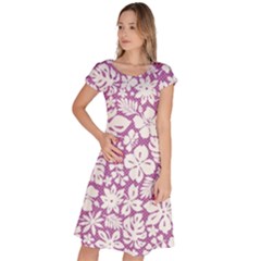 White Hawaiian Flowers On Purple Classic Short Sleeve Dress by AnkouArts