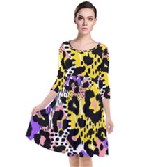 Black Leopard Print With Yellow, Gold, Purple And Pink Quarter Sleeve Waist Band Dress by AnkouArts