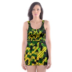 Root Humanity Bar And Qr Code Green And Yellow Doom Skater Dress Swimsuit by WetdryvacsLair