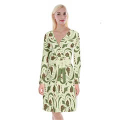 Folk Flowers Pattern  Long Sleeve Velvet Front Wrap Dress by Eskimos