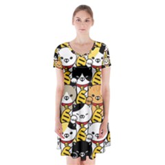 Cat-seamless-pattern-lucky-cat-japan-maneki-neko-vector-kitten-calico-pet-scarf-isolated-repeat-back Short Sleeve V-neck Flare Dress by elchino