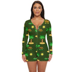 Turtle And Palm On Green Pattern Long Sleeve Boyleg Swimsuit by Daria3107