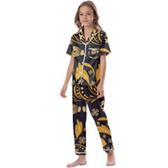 Folk Flowers Pattern Floral Surface Kids  Satin Short Sleeve Pajamas Set by Eskimos