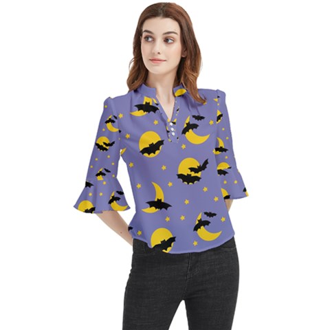 Bats With Yellow Moon Loose Horn Sleeve Chiffon Blouse by SychEva