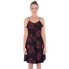 Red Sponge Prints On Black Background Ruffle Detail Chiffon Dress by SychEva