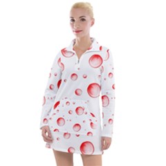 Red Drops On White Background Women s Long Sleeve Casual Dress by SychEva