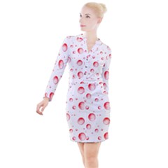 Red Drops On White Background Button Long Sleeve Dress by SychEva