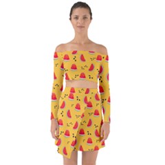 Slices Of Juicy Red Watermelon On A Yellow Background Off Shoulder Top With Skirt Set by SychEva