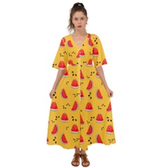 Slices Of Juicy Red Watermelon On A Yellow Background Kimono Sleeve Boho Dress by SychEva