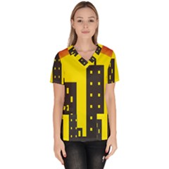 Skyline-city-building-sunset Women s V-neck Scrub Top by Sudhe