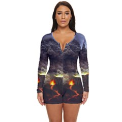 Landscape-volcano-eruption-lava Long Sleeve Boyleg Swimsuit by Sudhe