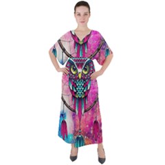 Owl Dreamcatcher V-neck Boho Style Maxi Dress by Sudhe