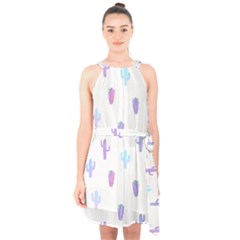 Purple And Blue Cacti Halter Collar Waist Tie Chiffon Dress by SychEva