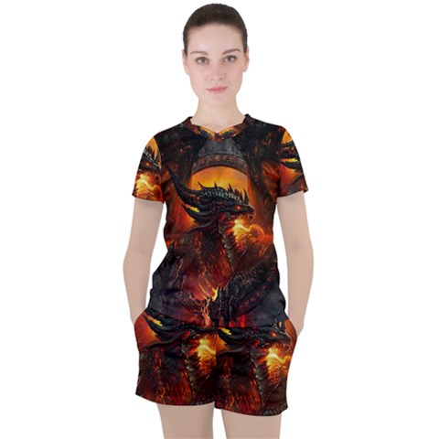 Dragon Fire Fantasy Art Women s Tee And Shorts Set by Sudhe