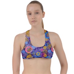 Multicolored Splashes And Watercolor Circles On A Dark Background Criss Cross Racerback Sports Bra by SychEva