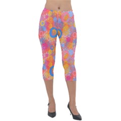 Multicolored Splashes And Watercolor Circles On A Dark Background Lightweight Velour Capri Leggings  by SychEva