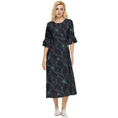 Turquoise Abstract Flowers With Splashes On A Dark Background  Abstract Print Double Cuff Midi Dress by SychEva