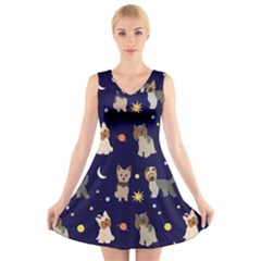 Terrier Cute Dog With Stars Sun And Moon V-neck Sleeveless Dress by SychEva