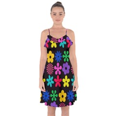 Colorful Flowers On A Black Background Pattern                                                         Ruffle Detail Chiffon Dress by LalyLauraFLM