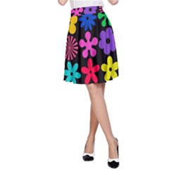 Colorful Flowers On A Black Background Pattern                                                            A-line Skater Skirt by LalyLauraFLM