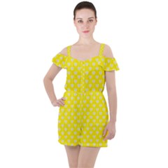 Purple Hearts On Yellow Background Ruffle Cut Out Chiffon Playsuit by SychEva