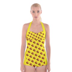 Vector Burgers, Fast Food Sandwitch Pattern At Yellow Boyleg Halter Swimsuit  by Casemiro