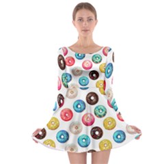 Delicious Multicolored Donuts On White Background Long Sleeve Skater Dress by SychEva