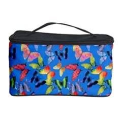 Multicolored Butterflies Fly On A Blue Background Cosmetic Storage by SychEva