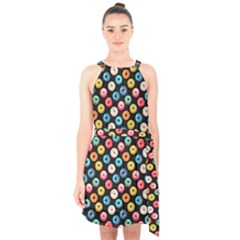Multicolored Donuts On A Black Background Halter Collar Waist Tie Chiffon Dress by SychEva