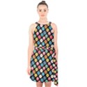 Multicolored Donuts On A Black Background Halter Collar Waist Tie Chiffon Dress View1