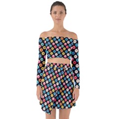 Multicolored Donuts On A Black Background Off Shoulder Top With Skirt Set by SychEva