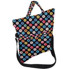 Multicolored Donuts On A Black Background Fold Over Handle Tote Bag by SychEva