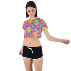 Multicolored Donuts Tie Back Short Sleeve Crop Tee by SychEva