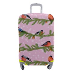 Bullfinches Sit On Branches On A Pink Background Luggage Cover (small) by SychEva