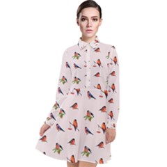 Bullfinches Sit On Branches Long Sleeve Chiffon Shirt Dress by SychEva